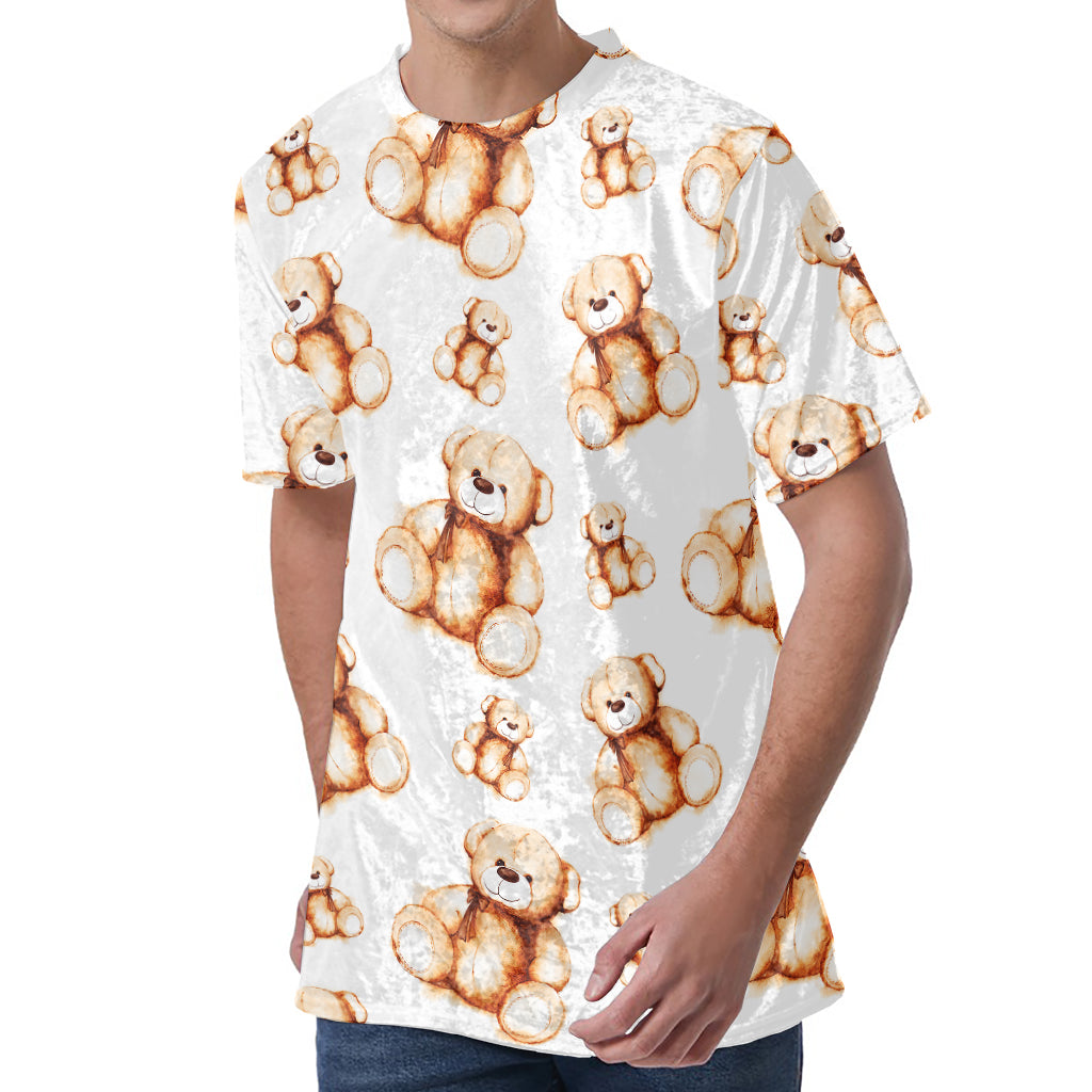 Cute Teddy Bear Pattern Print Men's Velvet T-Shirt