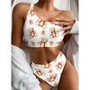 Cute Teddy Bear Pattern Print One Shoulder Bikini Top