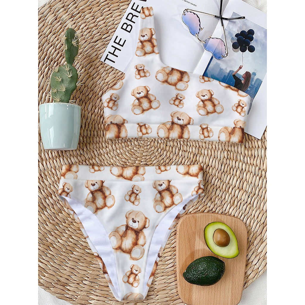 Cute Teddy Bear Pattern Print One Shoulder Bikini Top