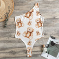 Cute Teddy Bear Pattern Print One Shoulder Bodysuit