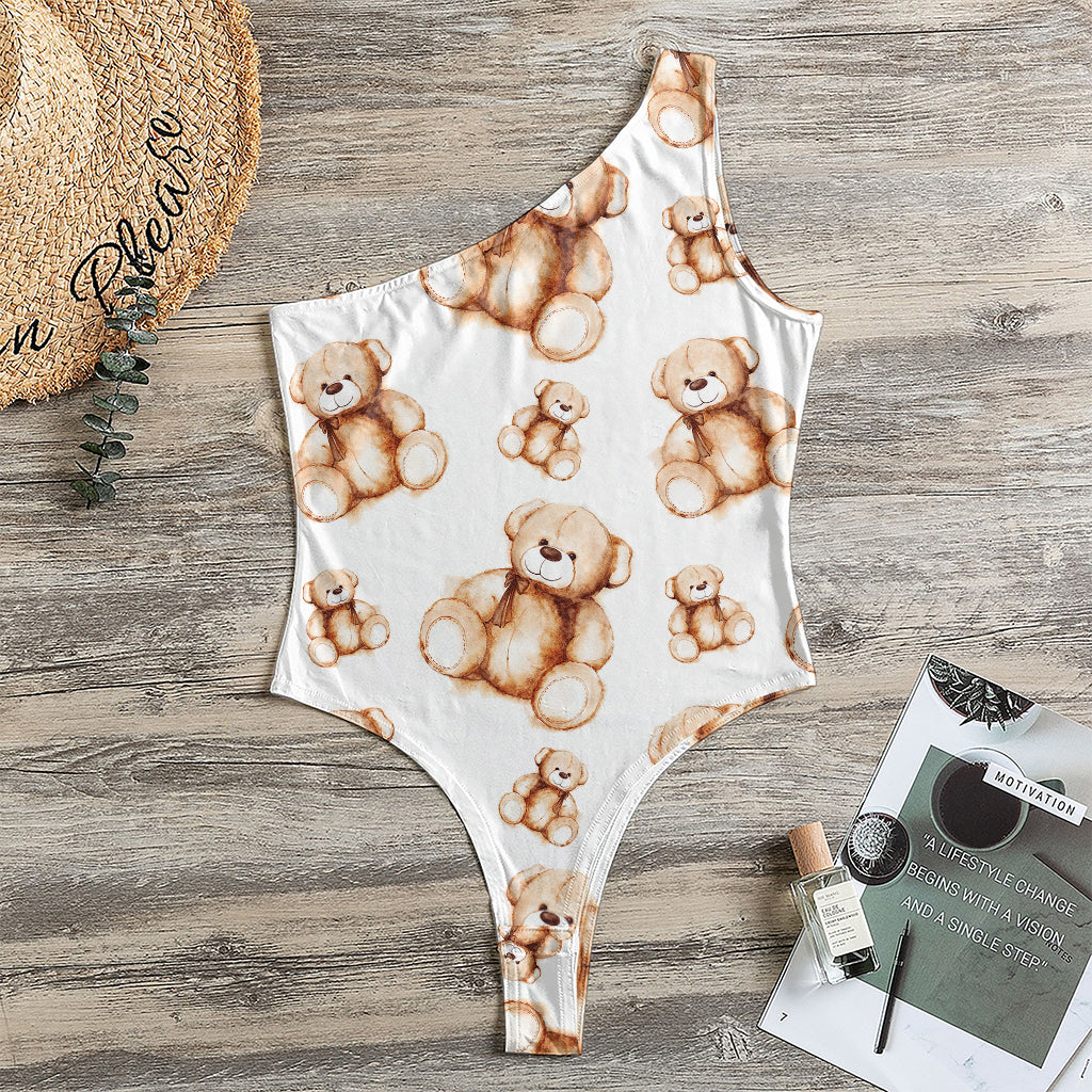Cute Teddy Bear Pattern Print One Shoulder Bodysuit