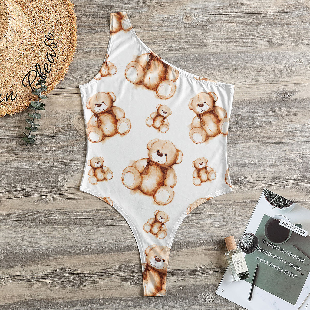 Cute Teddy Bear Pattern Print One Shoulder Bodysuit