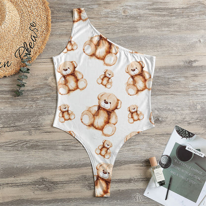 Cute Teddy Bear Pattern Print One Shoulder Bodysuit