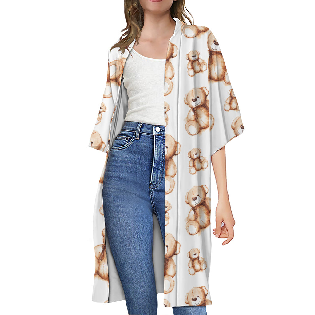 Cute Teddy Bear Pattern Print Open Front Beach Cover Up