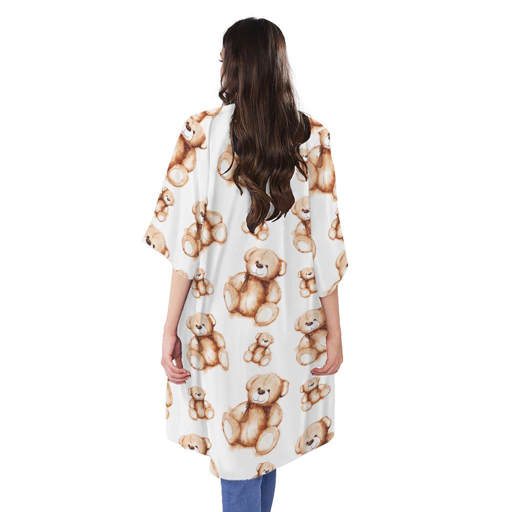 Cute Teddy Bear Pattern Print Open Front Beach Cover Up