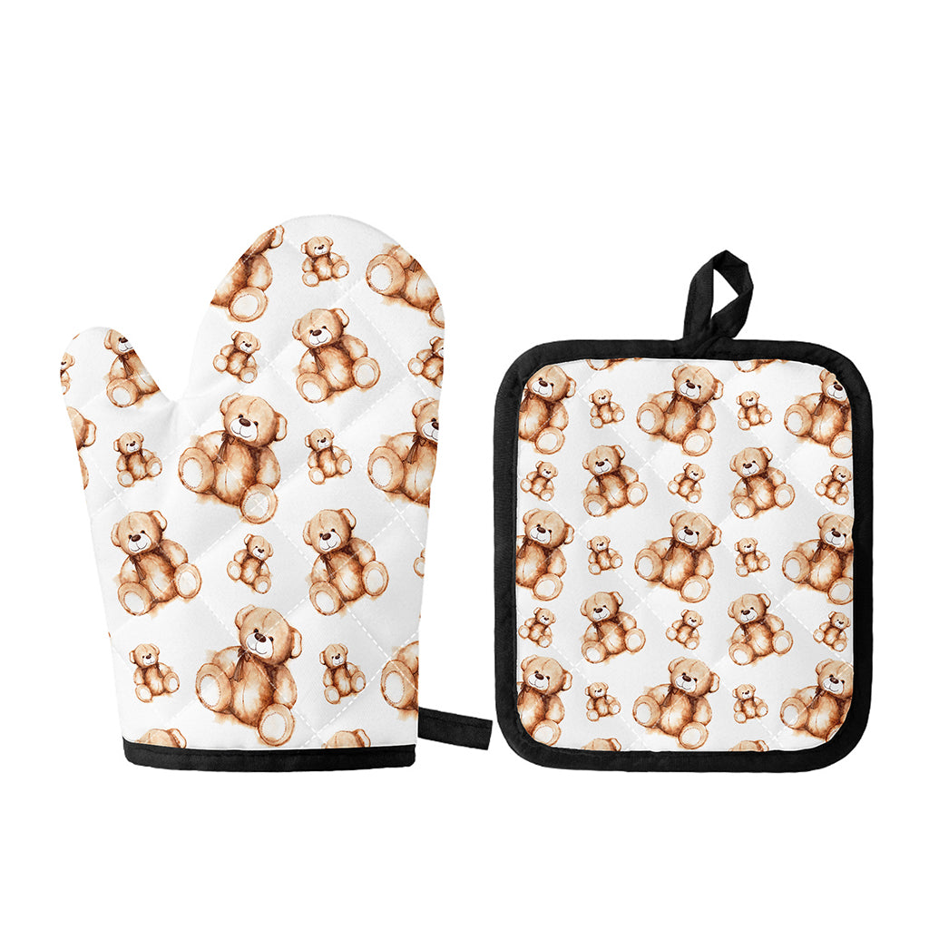 Cute Teddy Bear Pattern Print Oven Mitt And Pot Holder Set