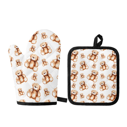 Cute Teddy Bear Pattern Print Oven Mitt And Pot Holder Set
