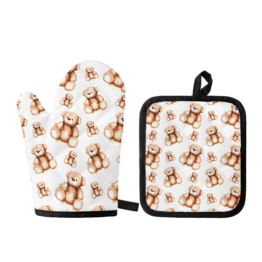 Cute Teddy Bear Pattern Print Oven Mitt And Pot Holder Set
