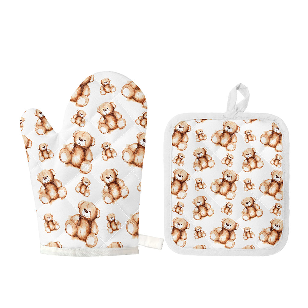 Cute Teddy Bear Pattern Print Oven Mitt And Pot Holder Set
