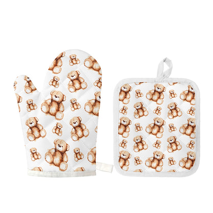 Cute Teddy Bear Pattern Print Oven Mitt And Pot Holder Set
