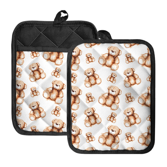 Cute Teddy Bear Pattern Print Pot Holders With Pocket