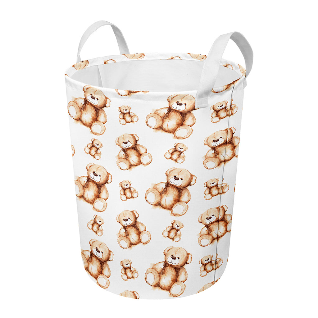Cute Teddy Bear Pattern Print Round Laundry Basket