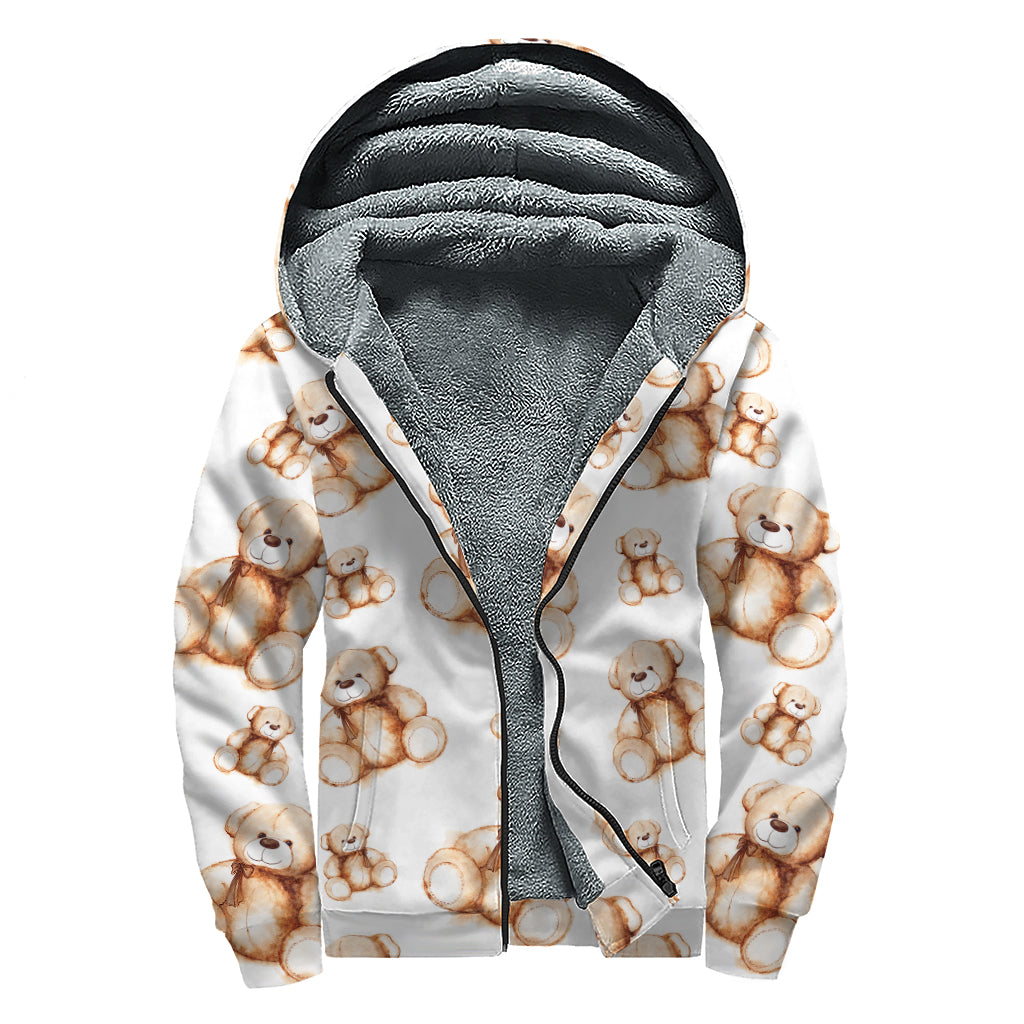 Cute Teddy Bear Pattern Print Sherpa Lined Zip Up Hoodie