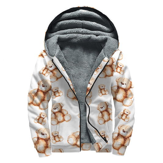 Cute Teddy Bear Pattern Print Sherpa Lined Zip Up Hoodie