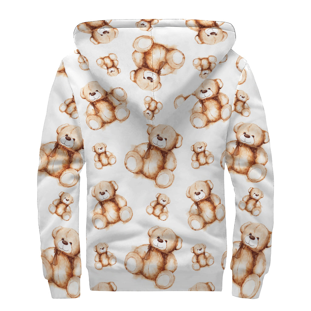 Cute Teddy Bear Pattern Print Sherpa Lined Zip Up Hoodie