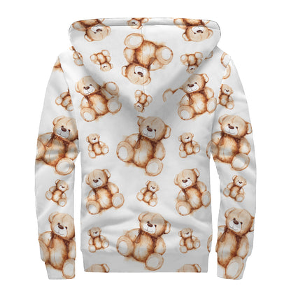 Cute Teddy Bear Pattern Print Sherpa Lined Zip Up Hoodie