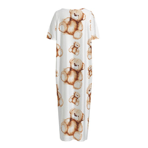 Cute Teddy Bear Pattern Print Short Sleeve Long Nightdress