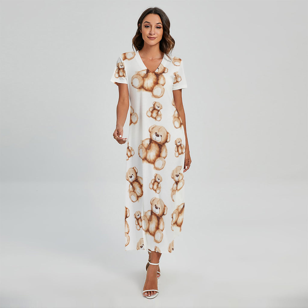 Cute Teddy Bear Pattern Print Short Sleeve Maxi Dress