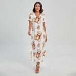 Cute Teddy Bear Pattern Print Short Sleeve Maxi Dress