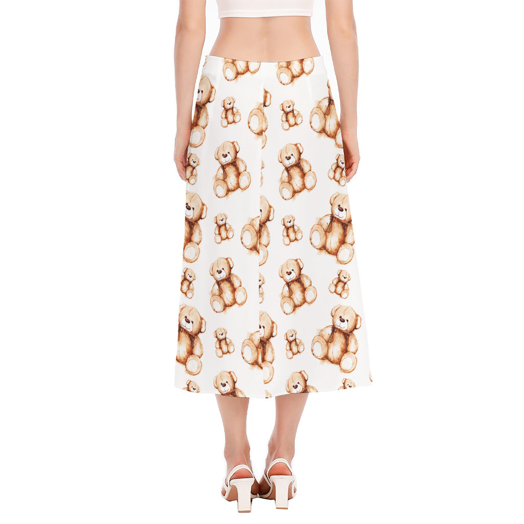 Cute Teddy Bear Pattern Print Side Slit Midi Skirt