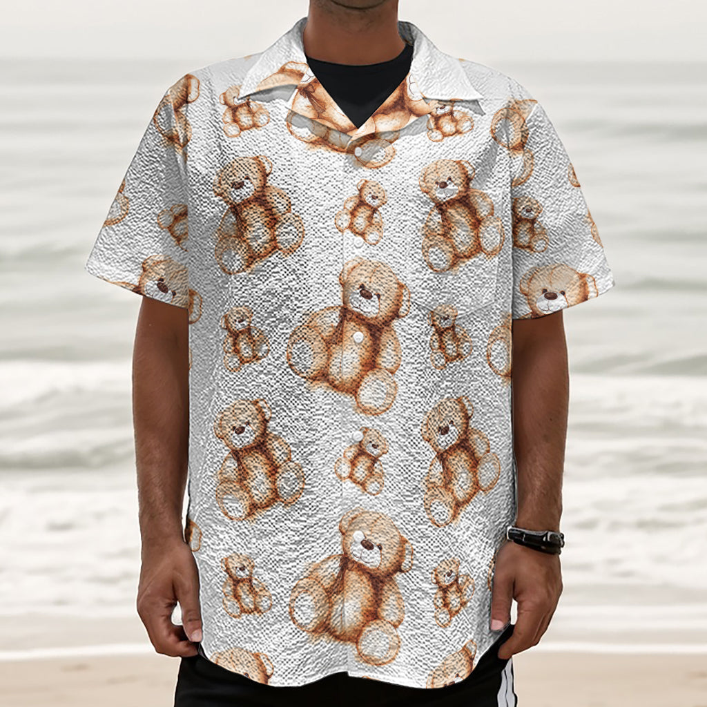 Cute Teddy Bear Pattern Print Textured Short Sleeve Shirt