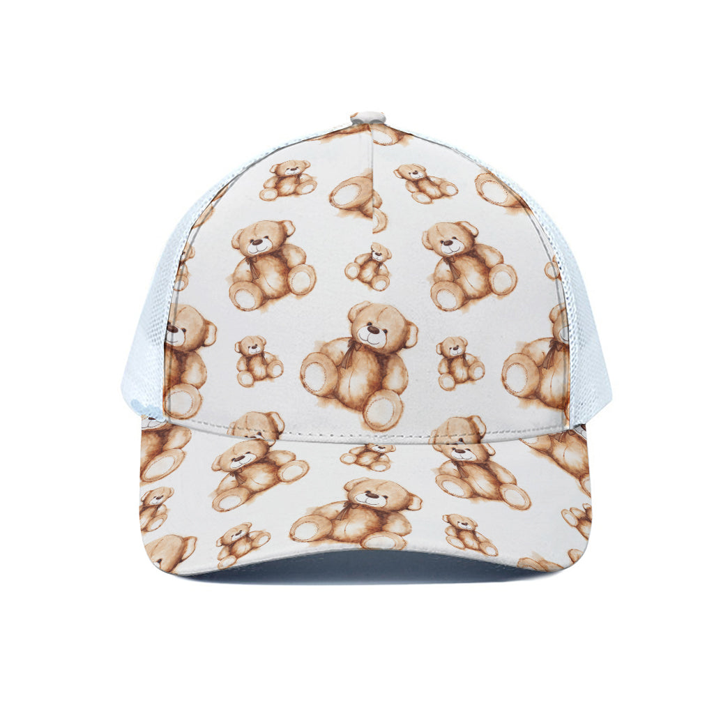 Cute Teddy Bear Pattern Print White Mesh Trucker Cap
