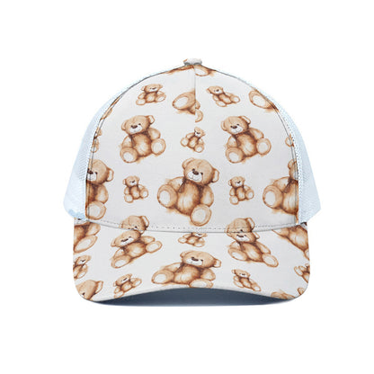 Cute Teddy Bear Pattern Print White Mesh Trucker Cap
