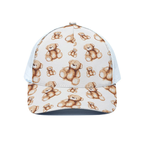 Cute Teddy Bear Pattern Print White Mesh Trucker Cap