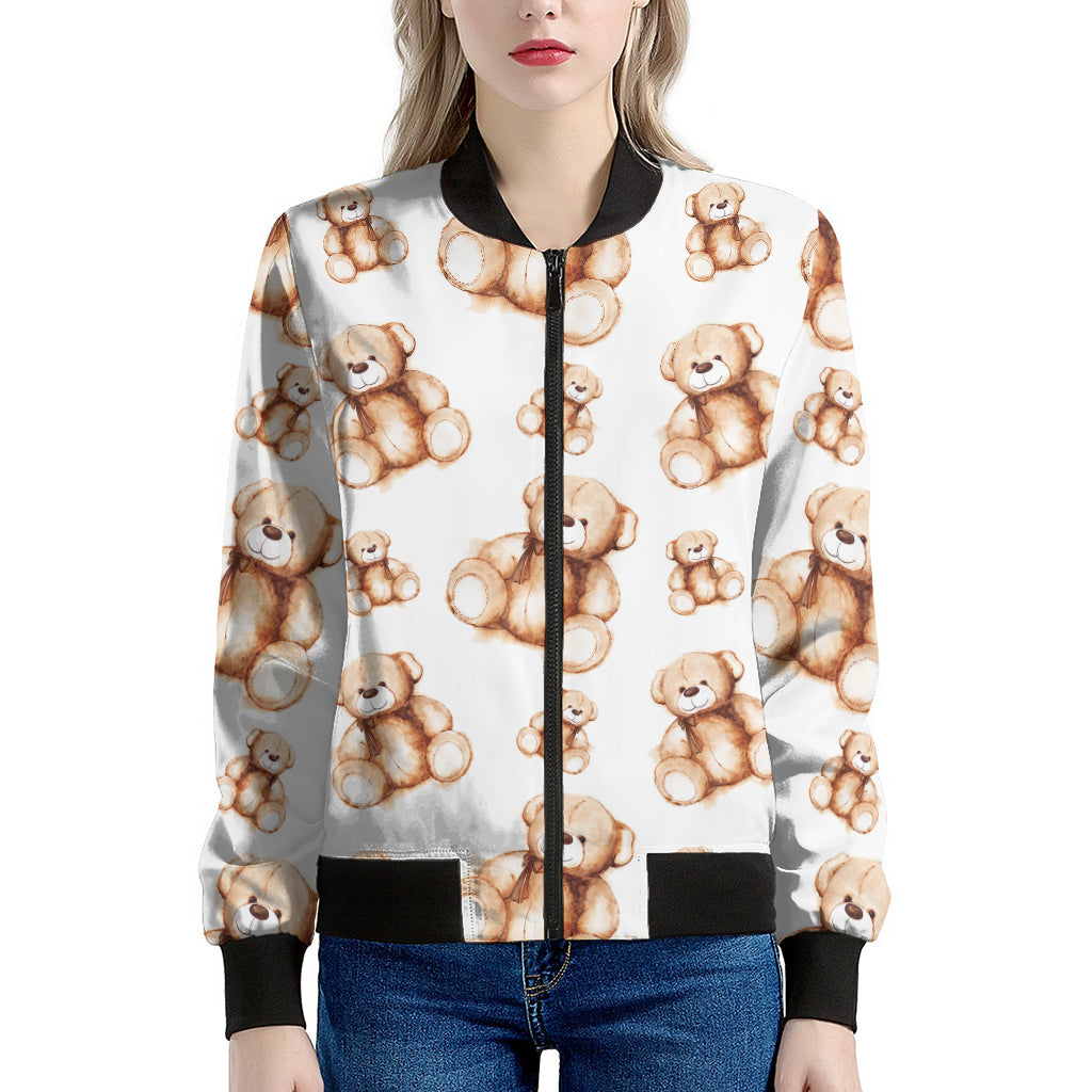 Cute Teddy Bear Pattern Print Women's Bomber Jacket