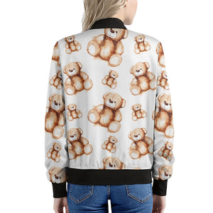 Cute Teddy Bear Pattern Print Women's Bomber Jacket