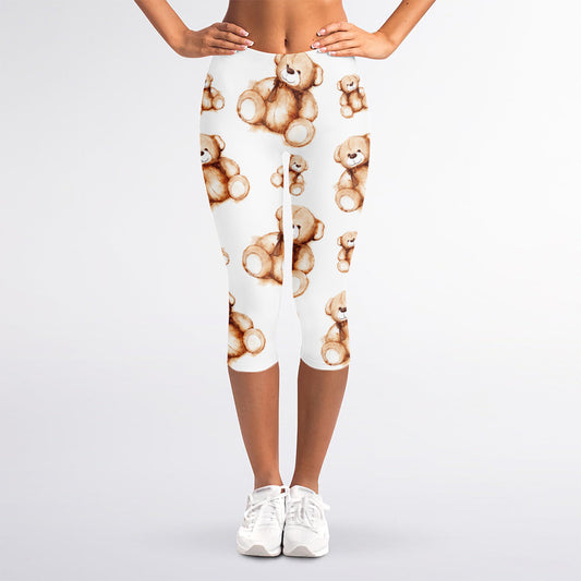 Cute Teddy Bear Pattern Print Women's Capri Leggings