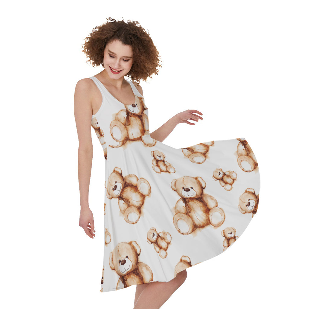 Cute Teddy Bear Pattern Print Women's Sleeveless Dress