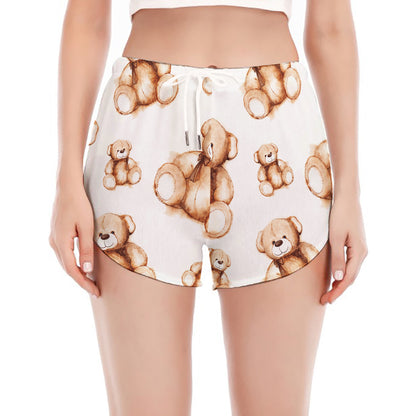 Cute Teddy Bear Pattern Print Women's Split Running Shorts