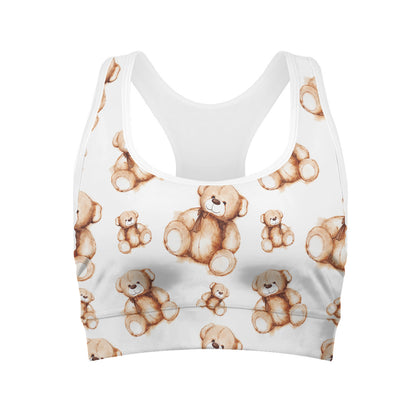 Cute Teddy Bear Pattern Print Women's Sports Bra