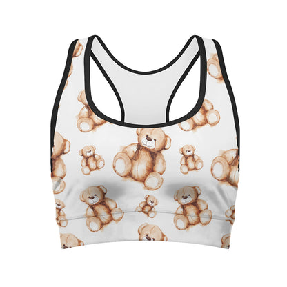 Cute Teddy Bear Pattern Print Women's Sports Bra
