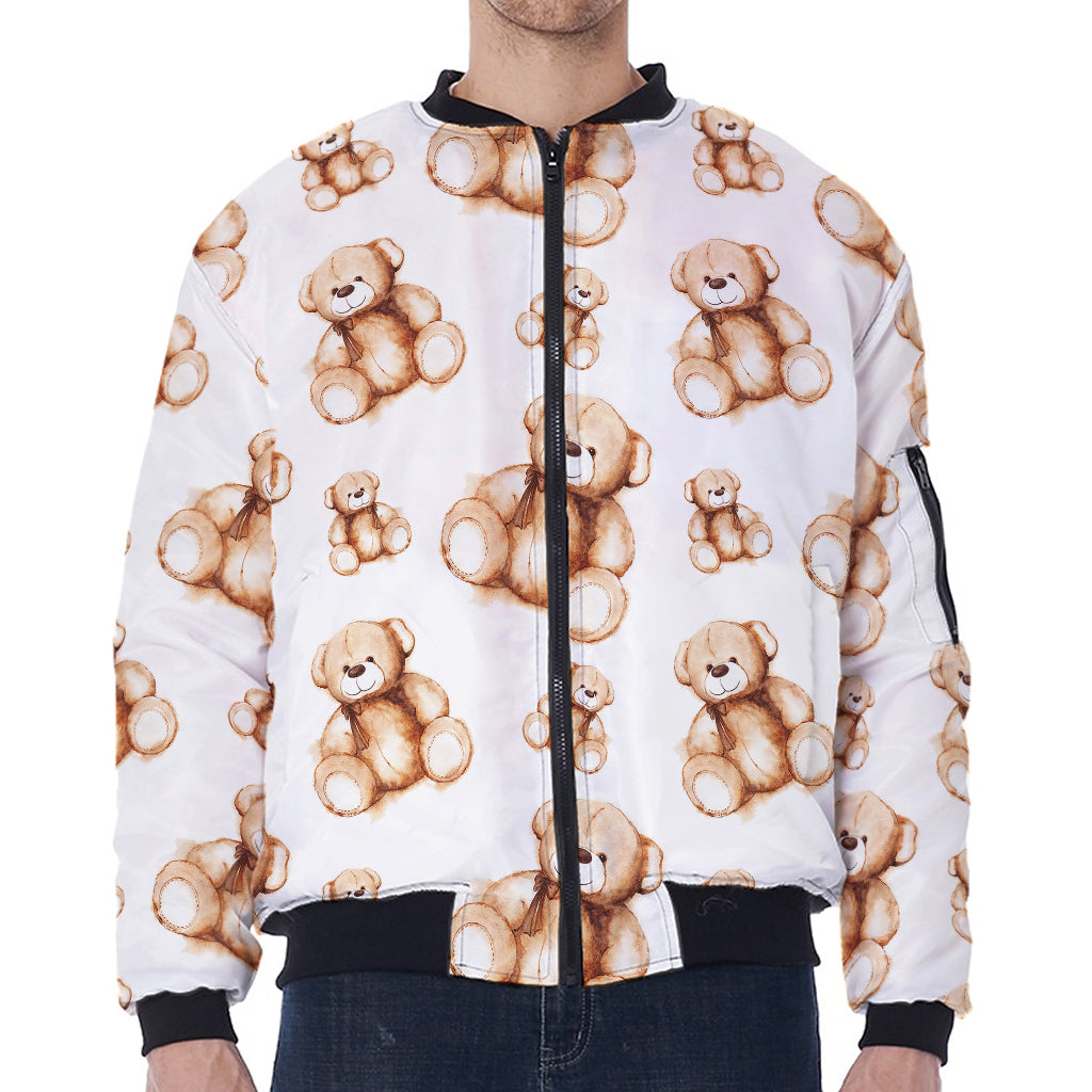 Cute Teddy Bear Pattern Print Zip Sleeve Bomber Jacket