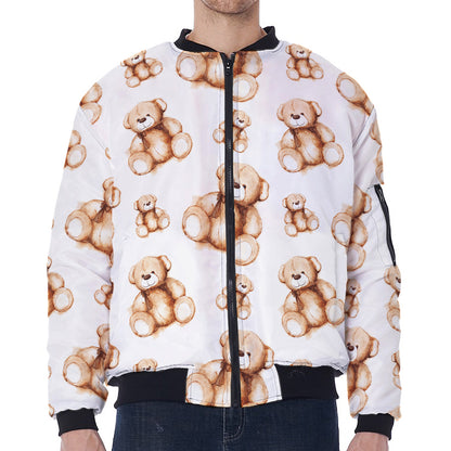 Cute Teddy Bear Pattern Print Zip Sleeve Bomber Jacket