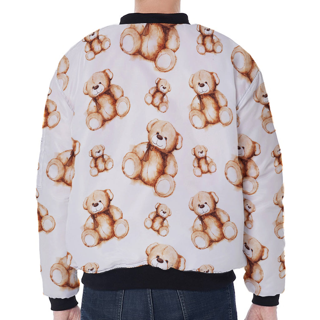 Cute Teddy Bear Pattern Print Zip Sleeve Bomber Jacket