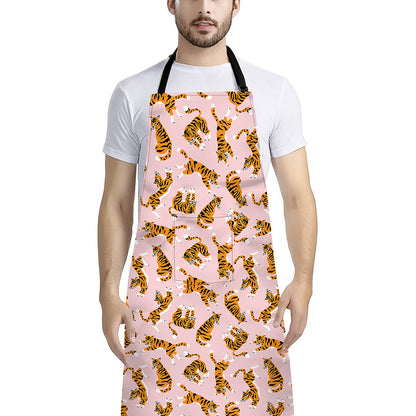 Cute Tiger Pattern Print Bib Apron With Pocket