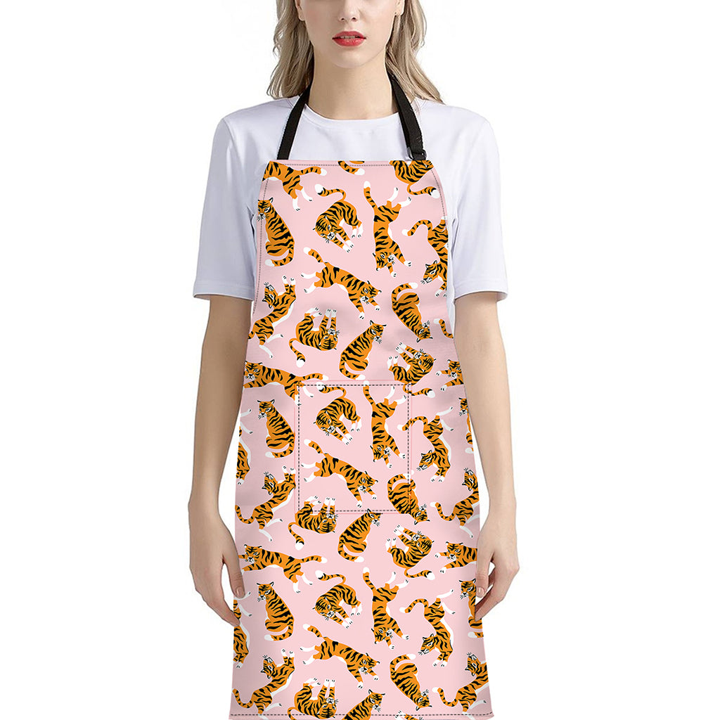 Cute Tiger Pattern Print Bib Apron With Pocket