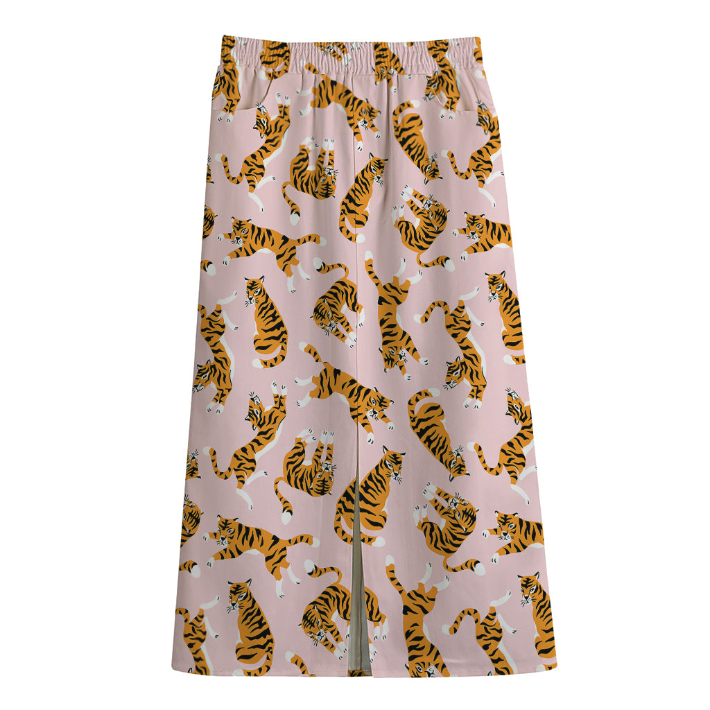 Cute Tiger Pattern Print Cotton Front Slit Maxi Skirt