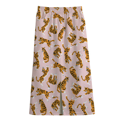 Cute Tiger Pattern Print Cotton Front Slit Maxi Skirt