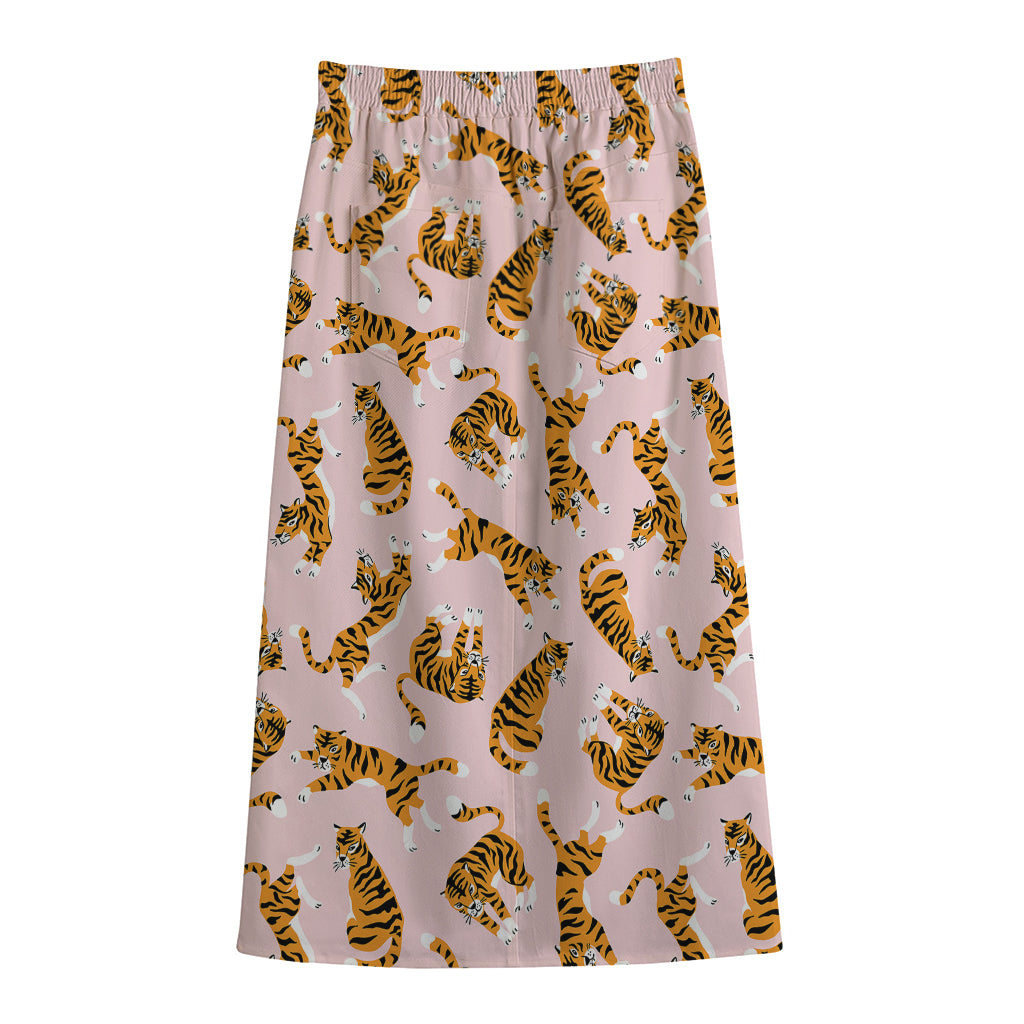 Cute Tiger Pattern Print Cotton Front Slit Maxi Skirt