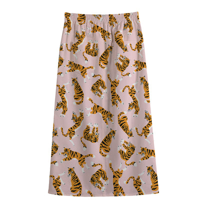 Cute Tiger Pattern Print Cotton Front Slit Maxi Skirt
