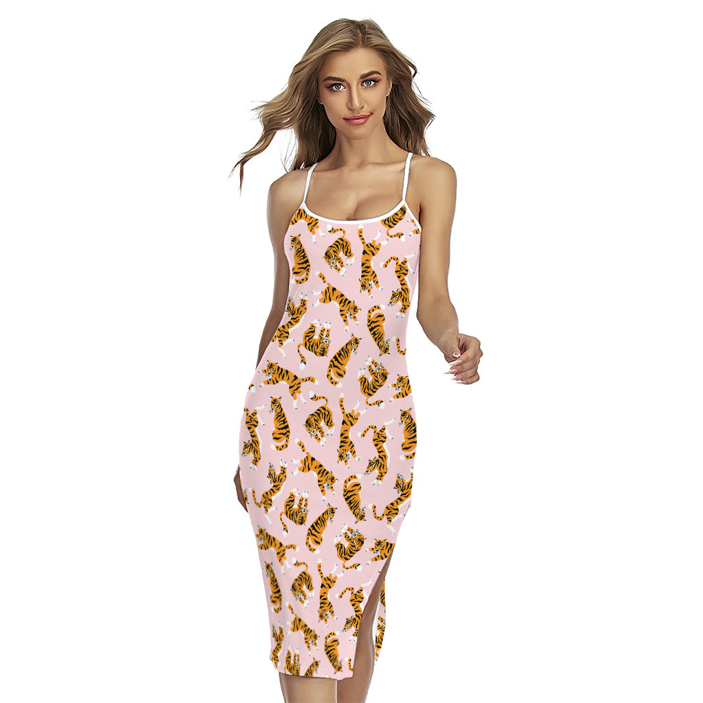 Cute Tiger Pattern Print Cross Back Cami Dress