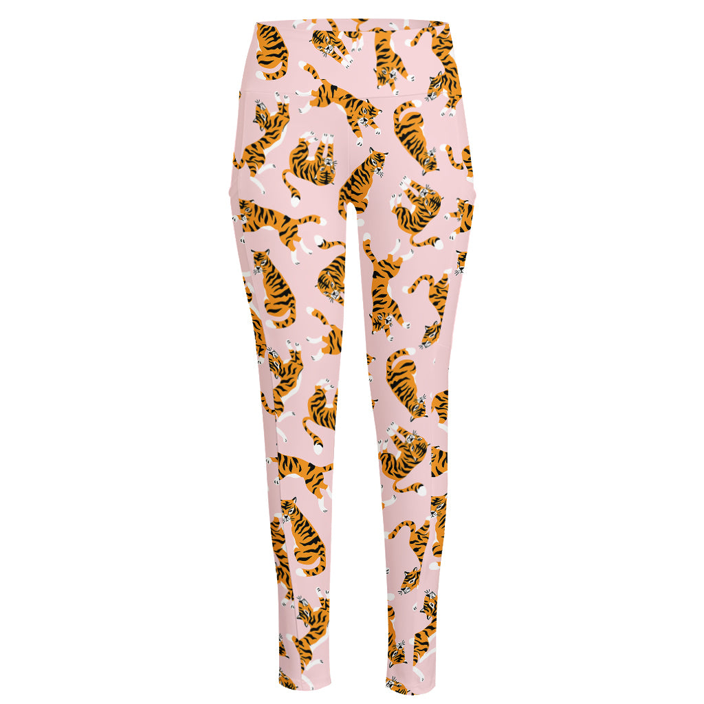 Cute Tiger Pattern Print High-Waisted Pocket Leggings