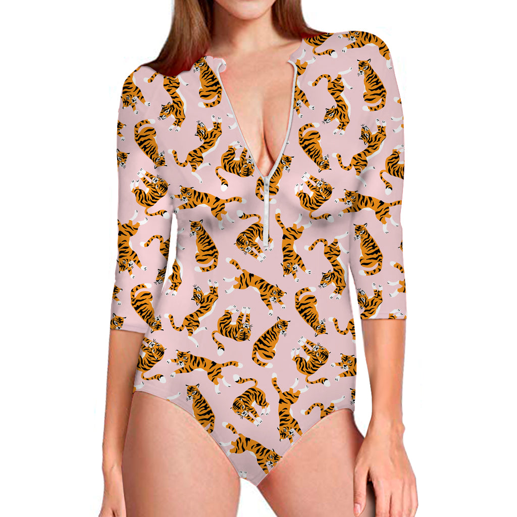 Cute Tiger Pattern Print Long Sleeve Swimsuit
