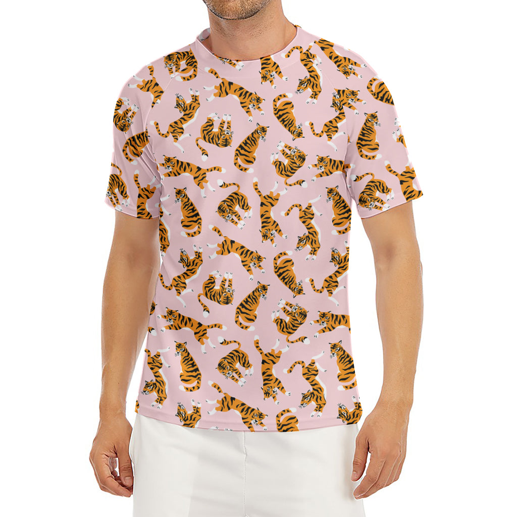 Cute Tiger Pattern Print Men's Short Sleeve Rash Guard