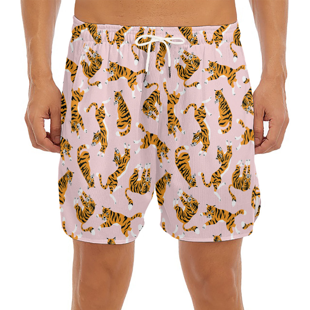 Cute Tiger Pattern Print Men's Split Running Shorts