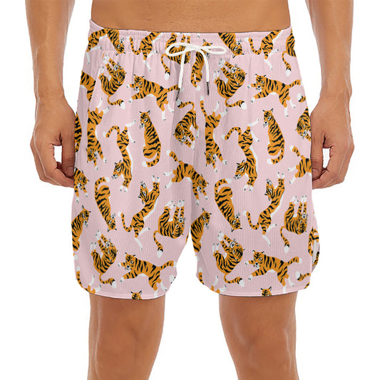 Cute Tiger Pattern Print Men's Split Running Shorts